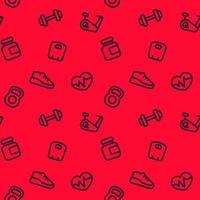 fitness pattern, seamless red background with linear gym icons vector