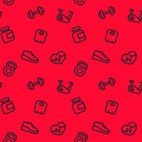 fitness pattern, seamless red background with linear gym icons vector