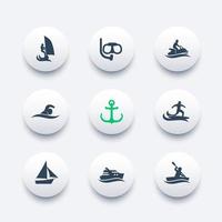 iconos de deportes acuáticos, surf, vela, buceo, natación vector