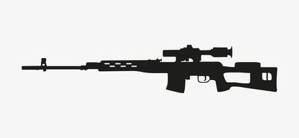 A black vector icon of SVD Dragunov sniper rifle. Weapon silhouette on white background. Russian sniper weapon