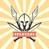 Spartans, logo, sign, emblem with spartan helmet, crossed swords and spears, vector illustration