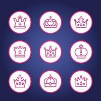 iconos redondos de línea de coronas, realeza, rey, monarca, soberano, símbolos de reina vector