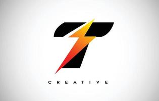Letter T Thunderbolt Logo Concept with Black Letter and Orange Yellow Thunder. vector