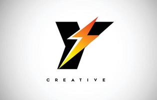 Letter Y Thunderbolt Logo Concept with Black Letter and Orange Yellow Thunder. vector