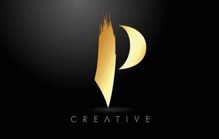 Golden P Brush Letter with Gold Foil Texture Look. Artistic Elegant Golden Style Logo Vector