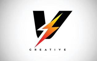 Letter V Thunderbolt Logo Concept with Black Letter and Orange Yellow Thunder. vector