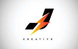 Letter J Thunderbolt Logo Concept with Black Letter and Orange Yellow Thunder. vector