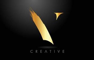 Golden V Brush Letter with Gold Foil Texture Look. Artistic Elegant Golden Style Logo Vector