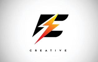 Letter E Thunderbolt Logo Concept with Black Letter and Orange Yellow Thunder. vector