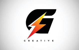 Letter G Thunderbolt Logo Concept with Black Letter and Orange Yellow Thunder. vector