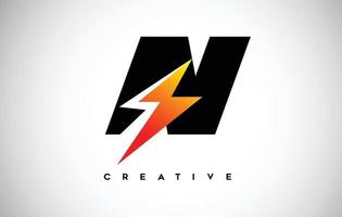 Letter N Thunderbolt Logo Concept with Black Letter and Orange Yellow Thunder. vector