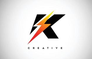 Letter K Thunderbolt Logo Concept with Black Letter and Orange Yellow Thunder. vector