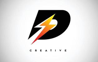 Letter D Thunderbolt Logo Concept with Black Letter and Orange Yellow Thunder. vector