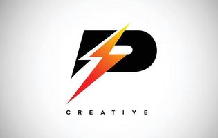 Letter P Thunderbolt Logo Concept with Black Letter and Orange Yellow Thunder. vector