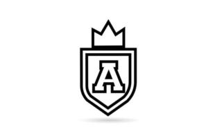 black and white A alphabet letter icon logo with shield and king crown line design. Creative template for business and company vector