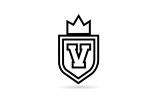 black and white V alphabet letter icon logo with shield and king crown line design. Creative template for business and company vector