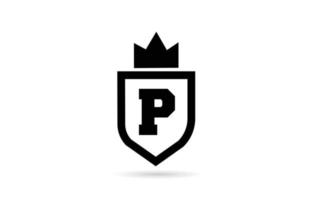 black and white P alphabet letter icon logo with shield and king crown design. Creative template for business and company vector