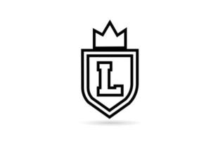 black and white L alphabet letter icon logo with shield and king crown line design. Creative template for business and company vector