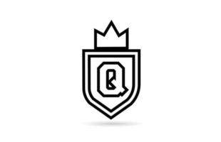 black and white Q alphabet letter icon logo with shield and king crown line design. Creative template for business and company vector