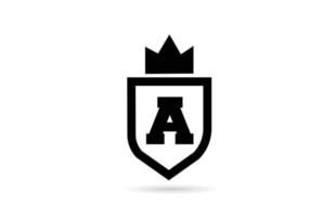 black and white A alphabet letter icon logo with shield and king crown design. Creative template for business and company vector