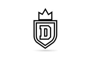 black and white D alphabet letter icon logo with shield and king crown line design. Creative template for business and company vector