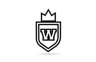 black and white W alphabet letter icon logo with shield and king crown line design. Creative template for business and company vector