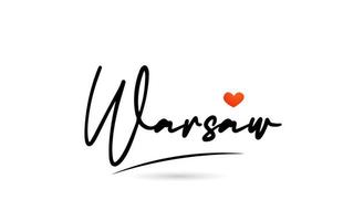 Warsaw city text with red love heart design.  Typography handwritten design icon vector