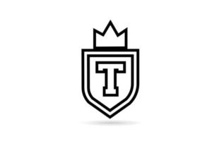 black and white T alphabet letter icon logo with shield and king crown line design. Creative template for business and company vector