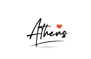 Athens city text with red love heart design.  Typography handwritten design icon vector