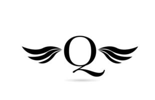 q diseño del icono del logotipo de la letra del alfabeto con alas. plantilla creativa para negocios y empresas en blanco y negro vector