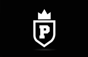 P alphabet letter logo icon with king crown design. Creative template for company and business in white and black colours vector