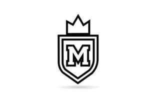 black and white M alphabet letter icon logo with shield and king crown line design. Creative template for business and company vector