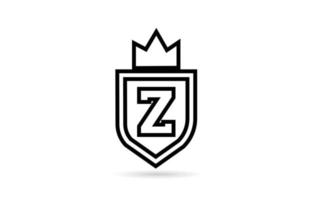 black and white Z alphabet letter icon logo with shield and king crown line design. Creative template for business and company vector