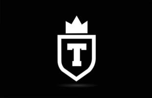 T alphabet letter logo icon with king crown design. Creative template for company and business in white and black colours vector