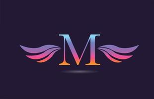 Colorful M alphabet letter logo icon design with wings. Creative template for company and business in pink yellow vector