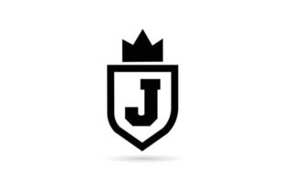 black and white J alphabet letter icon logo with shield and king crown design. Creative template for business and company vector