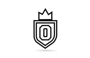 black and white O alphabet letter icon logo with shield and king crown line design. Creative template for business and company vector