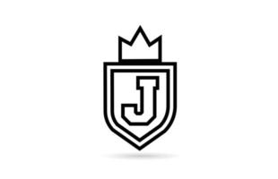 black and white J alphabet letter icon logo with shield and king crown line design. Creative template for business and company vector