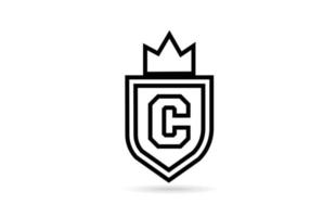 black and white C alphabet letter icon logo with shield and king crown line design. Creative template for business and company vector