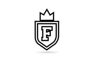 black and white F alphabet letter icon logo with shield and king crown line design. Creative template for business and company vector