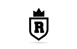 black and white R alphabet letter icon logo with shield and king crown design. Creative template for business and company vector