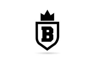 black and white B alphabet letter icon logo with shield and king crown design. Creative template for business and company vector