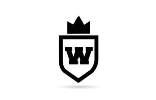 black and white W alphabet letter icon logo with shield and king crown design. Creative template for business and company vector