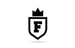 black and white F alphabet letter icon logo with shield and king crown design. Creative template for business and company vector