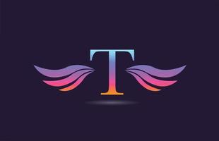 Colorful T alphabet letter logo icon design with wings. Creative template for company and business in pink yellow vector