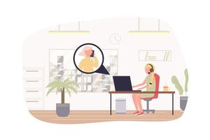 servicio al cliente y soporte técnico moderno concepto plano. la operadora responde a las llamadas de los clientes, consulta y resuelve problemas en línea en la oficina. ilustración vectorial con escena de personas para diseño de banner web vector