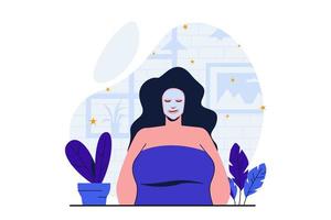 concepto plano moderno de salón de belleza para diseño de banner web. una clienta se relaja con una mascarilla facial hidratante mientras se sienta en un sillón en un estudio de cosmetología. ilustración vectorial con escena de personas aisladas vector