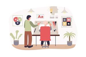 Designers team work at design studio modern flat concept. Man and woman draw and select palette of colors and fonts for creative project. Vector illustration with people scene for web banner design