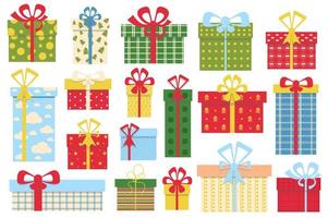 Gift boxes concept collection in flat cartoon design. Different types of giftboxes and presents in patterned wrapping paper set isolated elements. Celebrate Christmas or birthday. Vector illustration