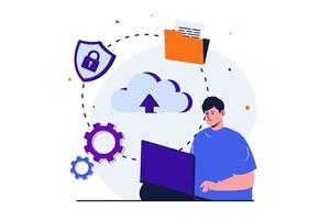 Cloud computing modern flat concept for web banner design. Man works at laptop and transfers files, creates backup copies, stores data in cloud storage. Vector illustration with isolated people scene